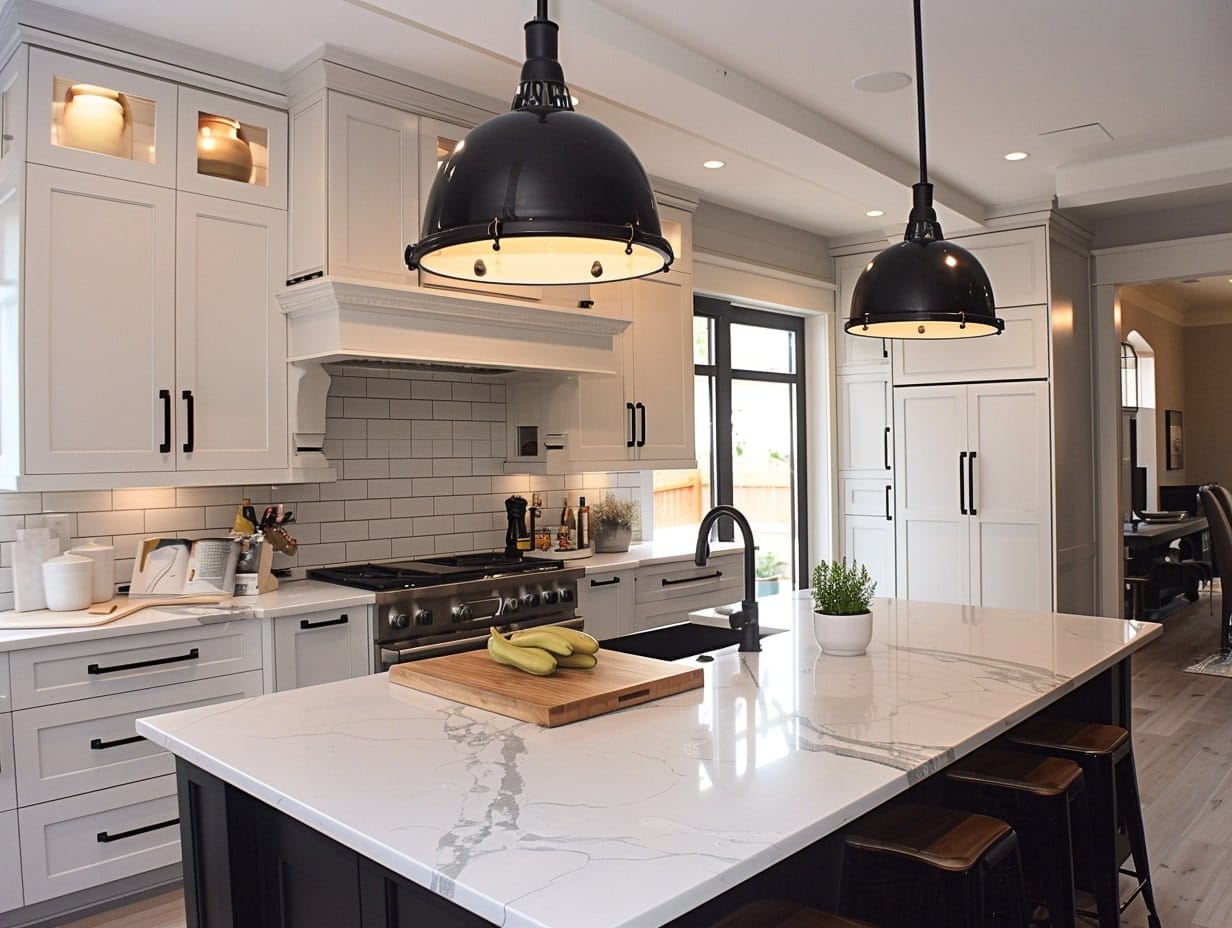 A modern kitchen with vintage pendant lights hanging above the island