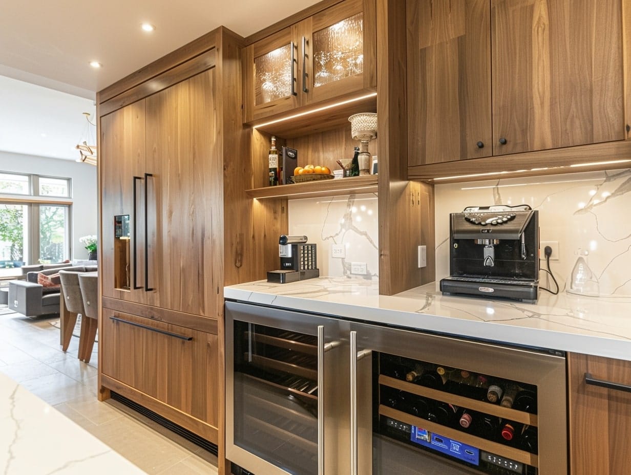 A kitchen with a beverage station with a coffee maker and wine cooler