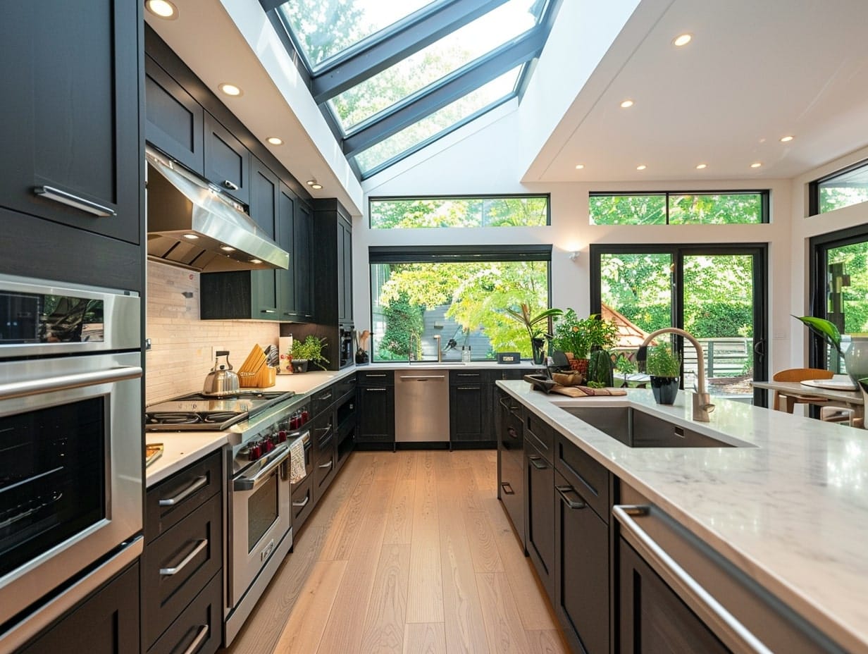An indoor kitchen with skylight