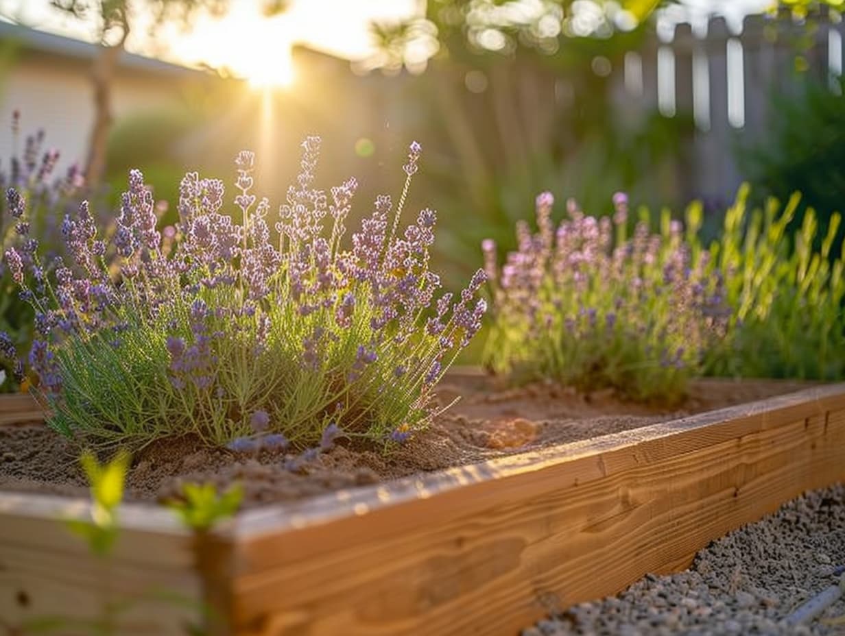 Lavender plants grown on a raised garden bed
