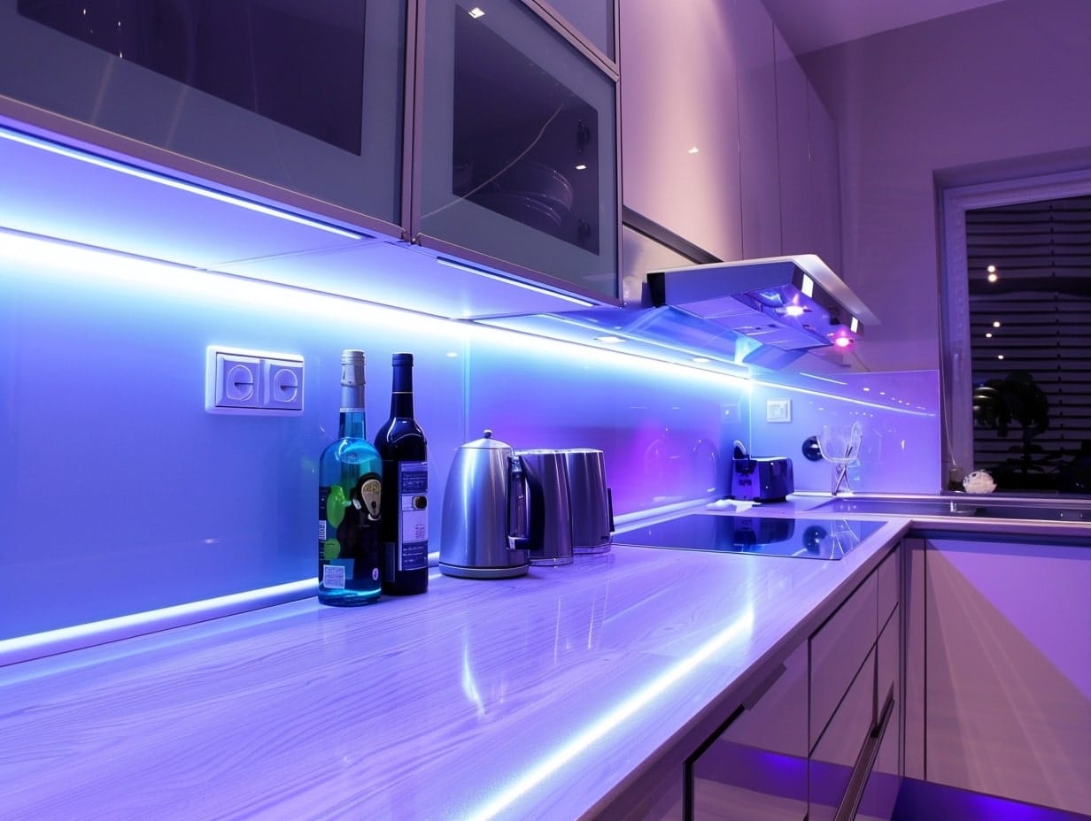 LED strip lights installed under cabinets for enhanced visibility at night