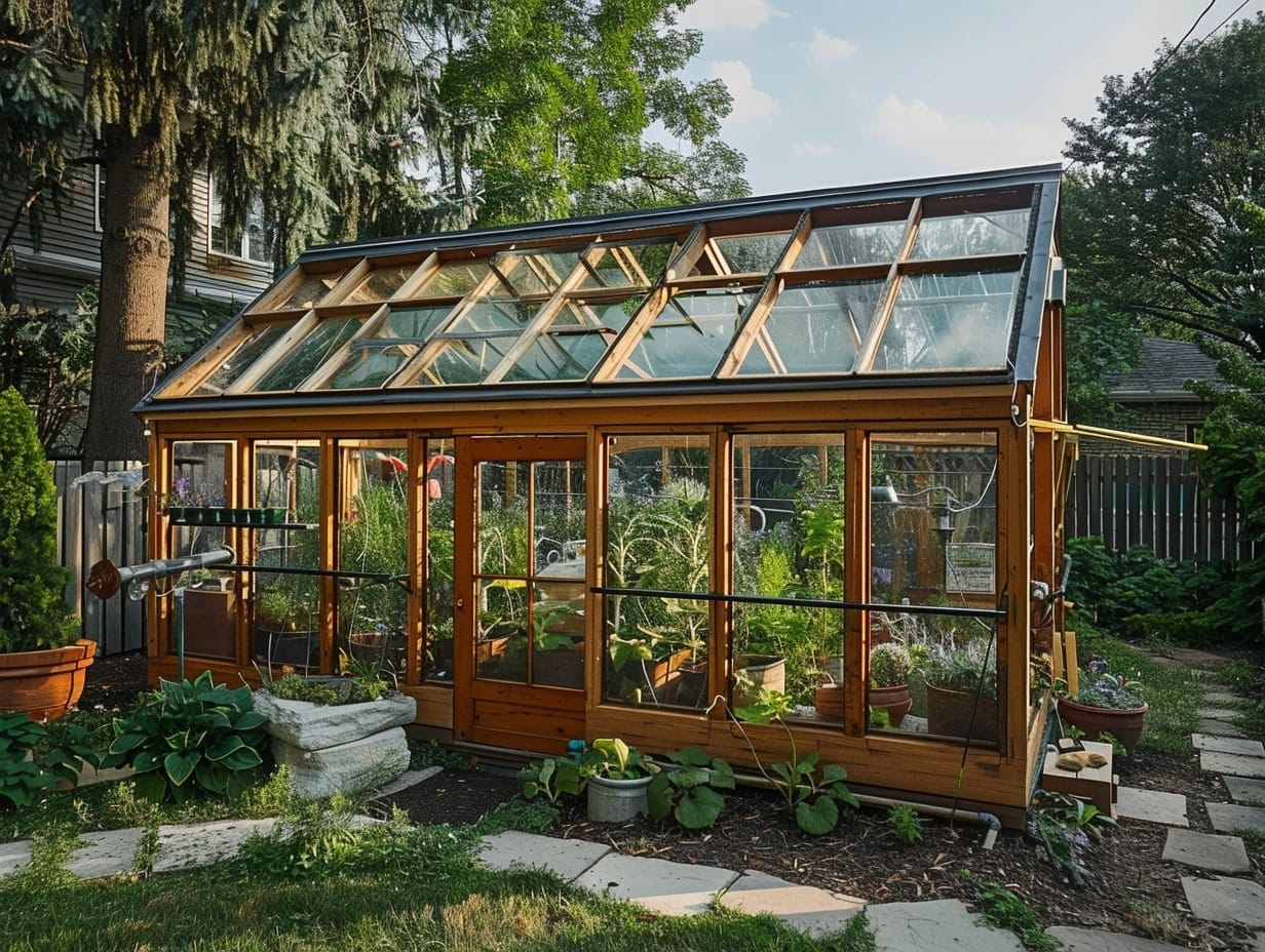 A mobile greenhouse in a backyard