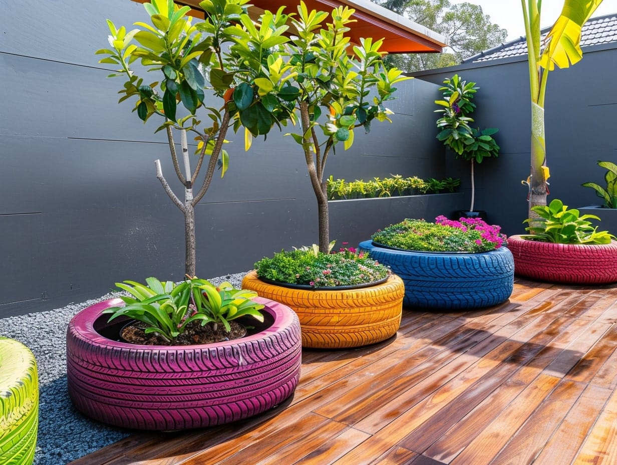 Old tyres used as planters in a backyard