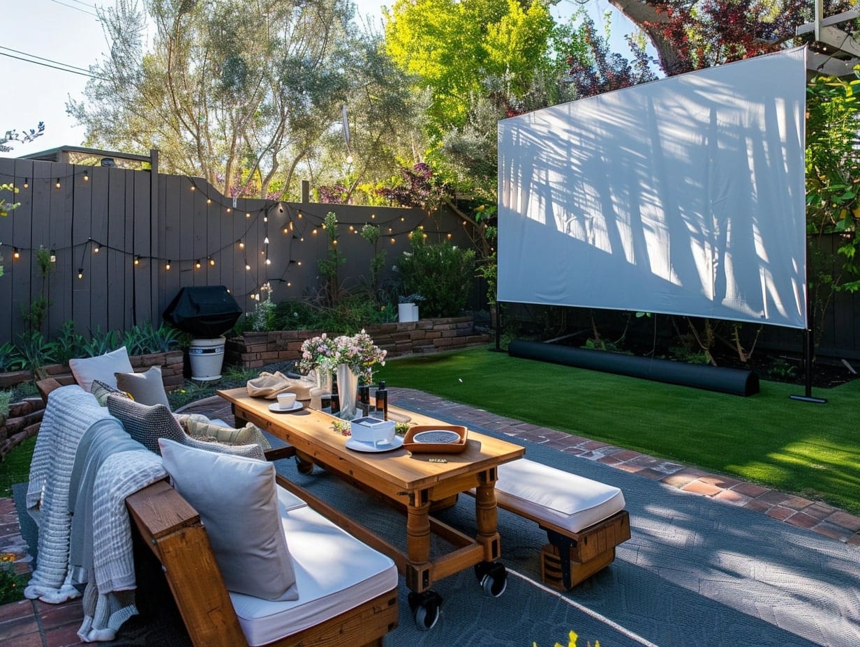 An outdoor movie area with a simple white sheet and seating area