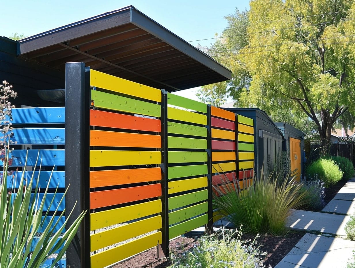 A wooden garden fence painted with vibrant colors