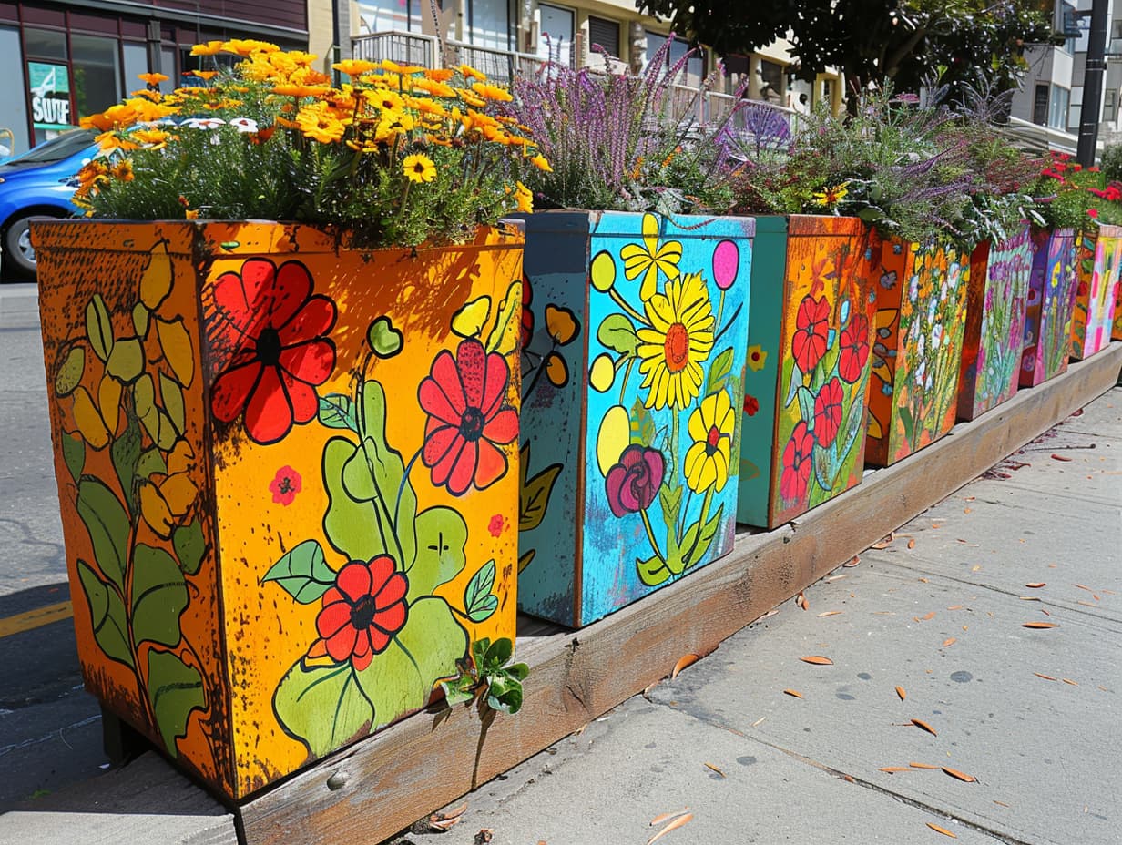 Painted utility boxes used as planters