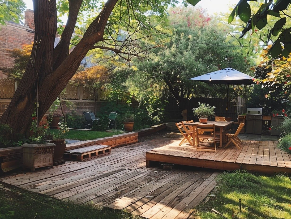 A small pallet deck in a backyard