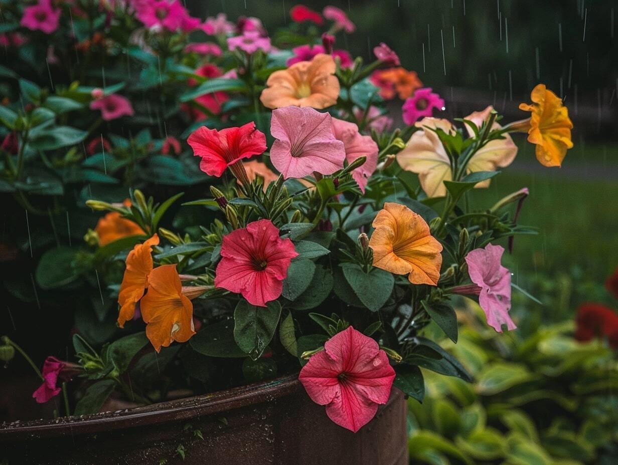 Colorful petunias growing in a garden