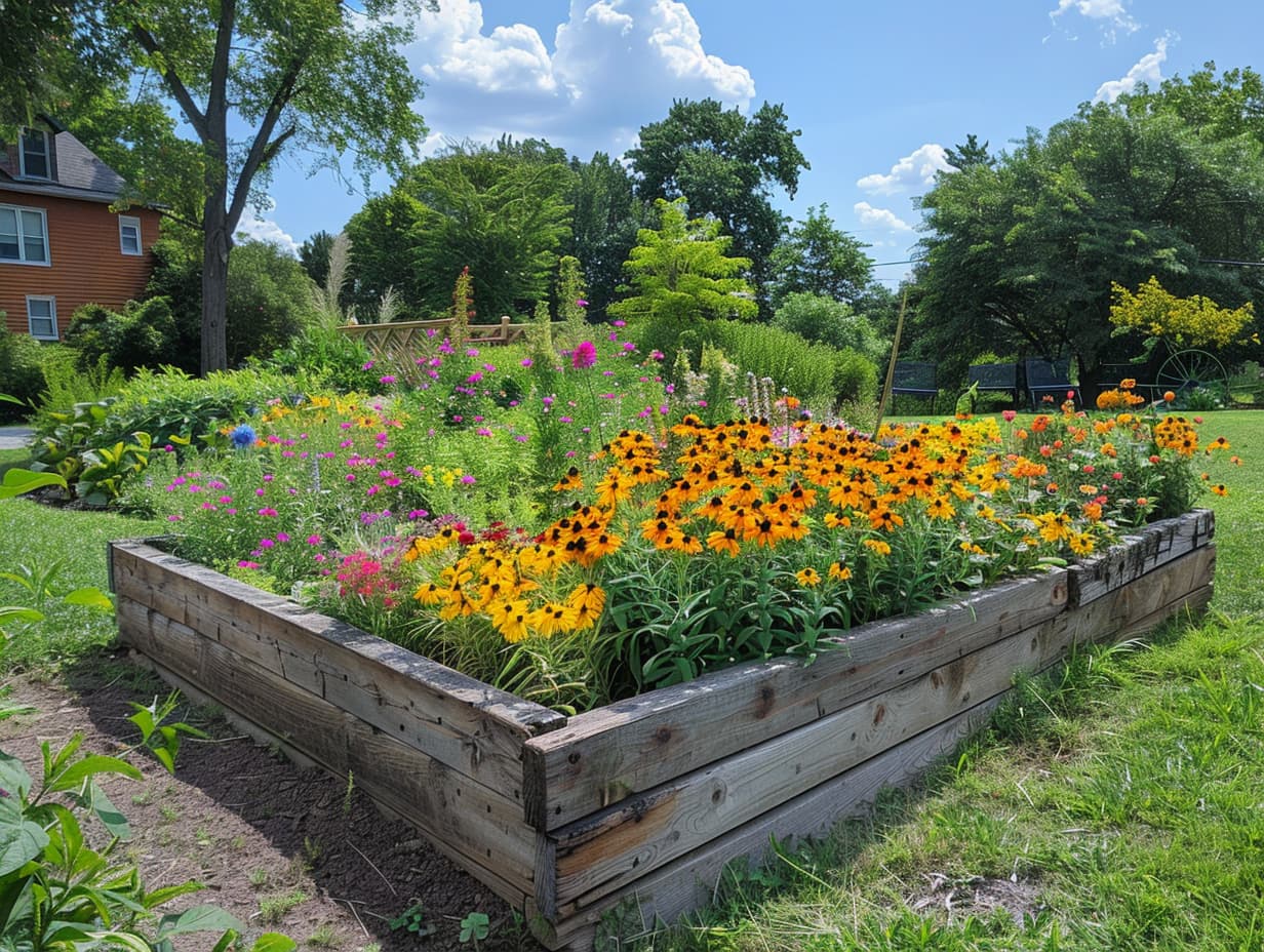 A raised garden bed with pollinator-friendly flowers and plants