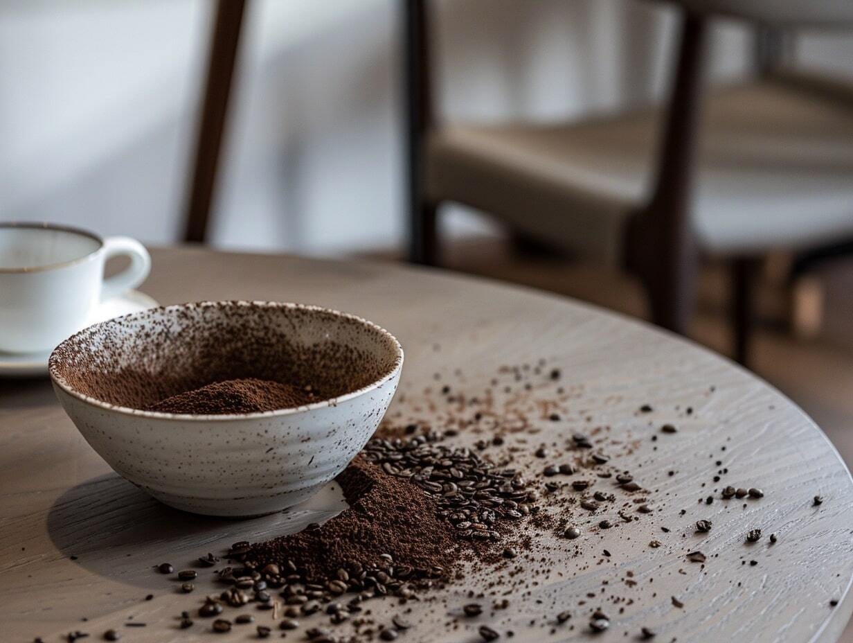 Coffee grounds on a wooden desk