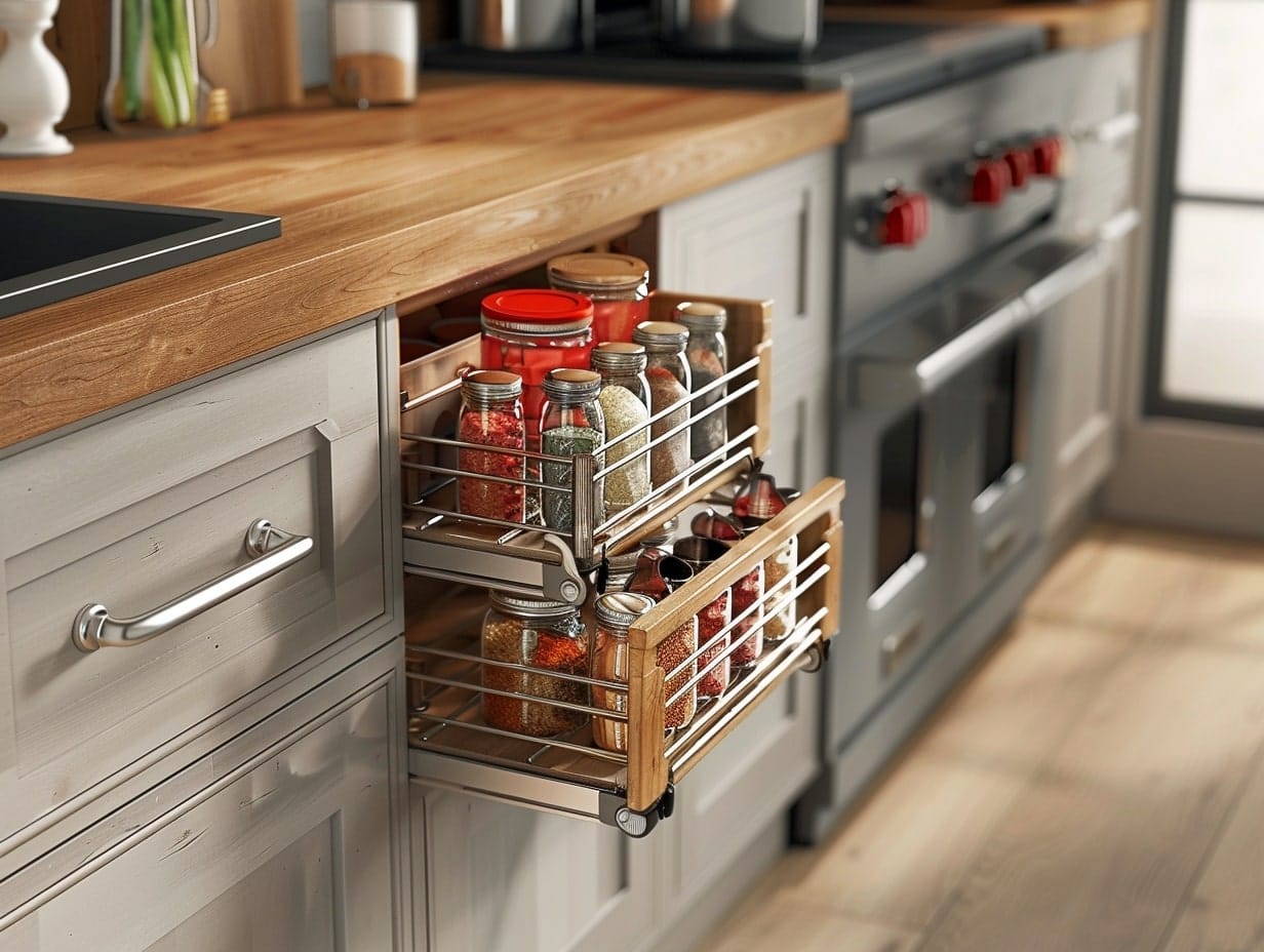 A pull-out spice rack in a modern kitchen