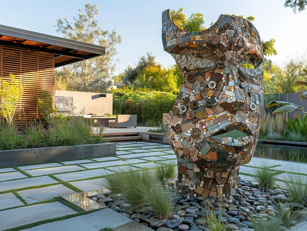An abstract garden sculpture made from recycled materials