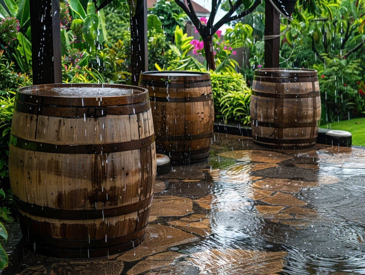 Wooden barrels in a backyard for harvesting rainwater