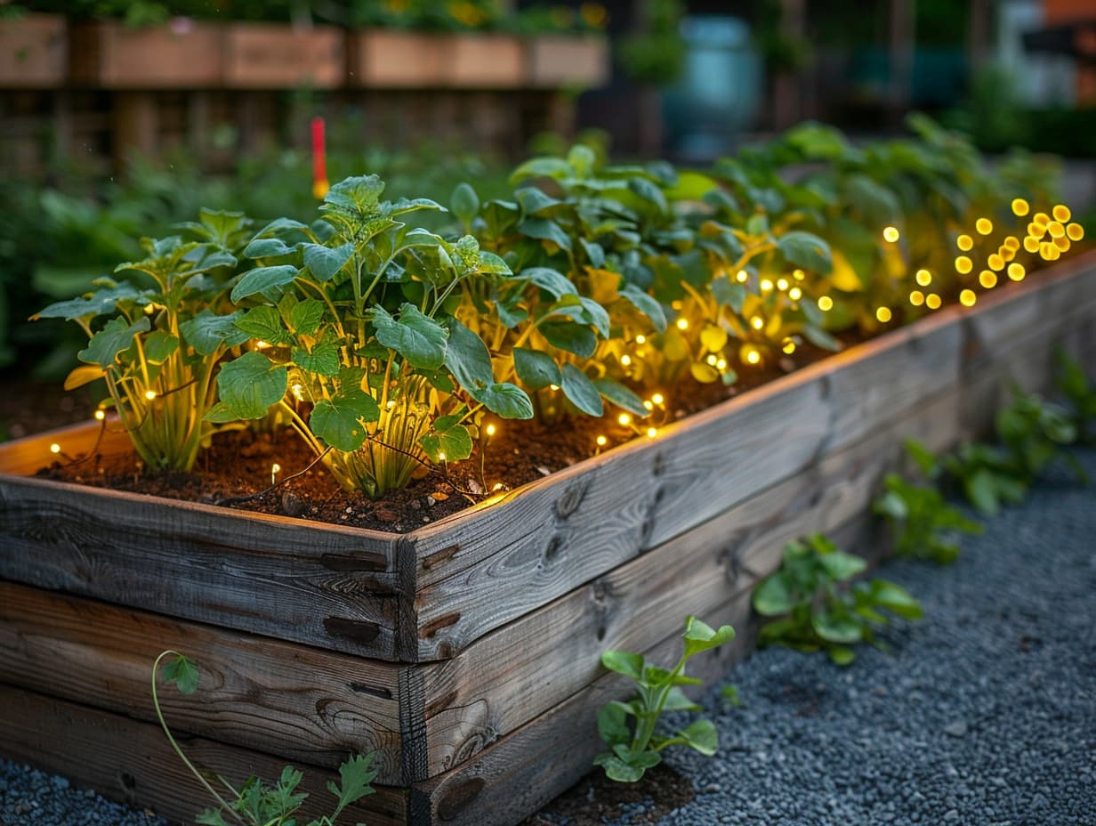 A raised garden bed decorated with fairy light
