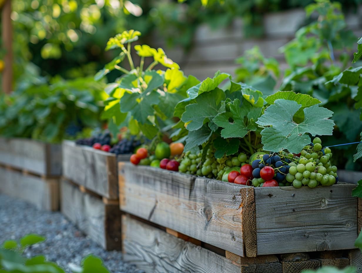 Raised garden beds in a backyard with growing fruits and vegetables