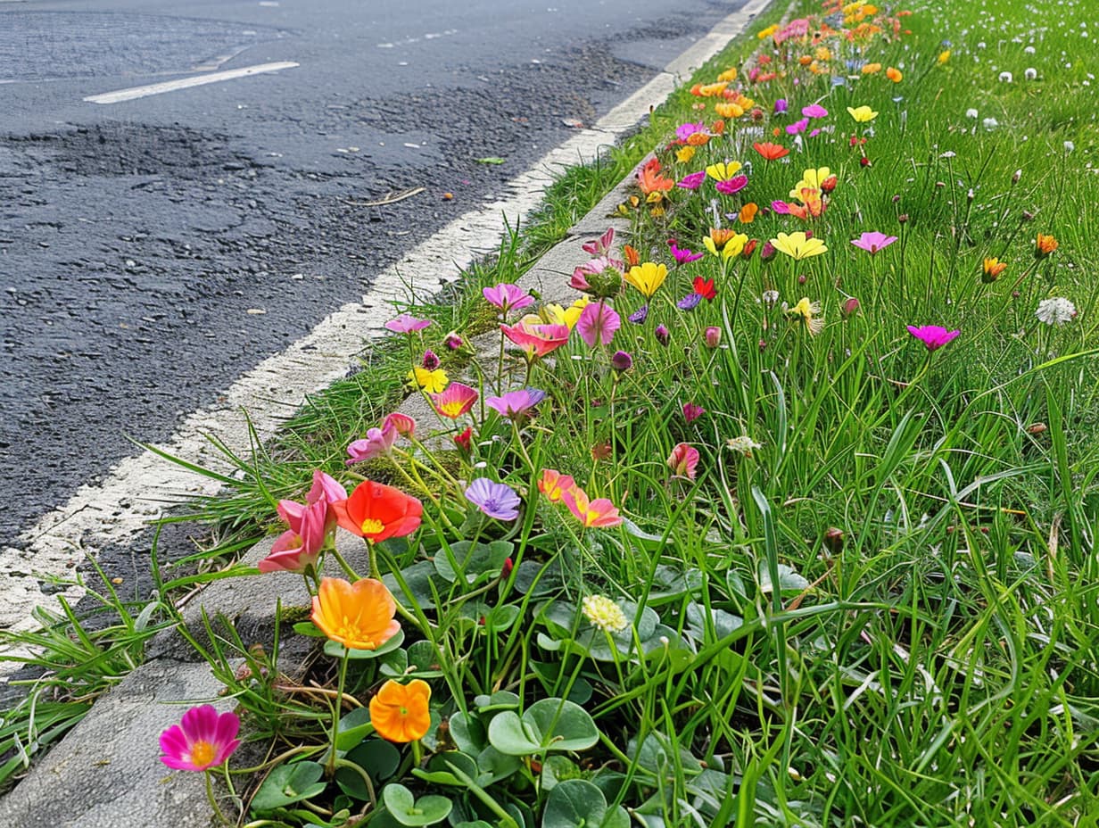 Garden side strip with low-growing colorful flowers