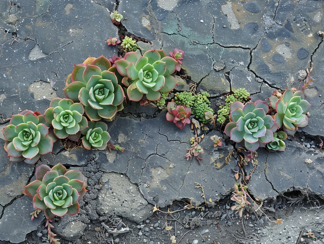 Sidewalk cracks filled with low-growing succulents