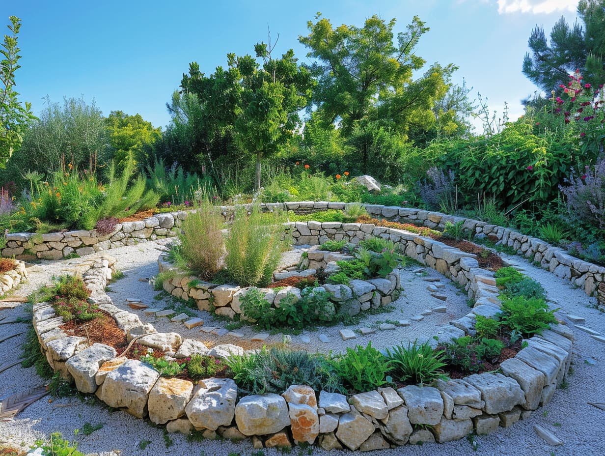 A spiral-shaped raised garden bed with growing herbs