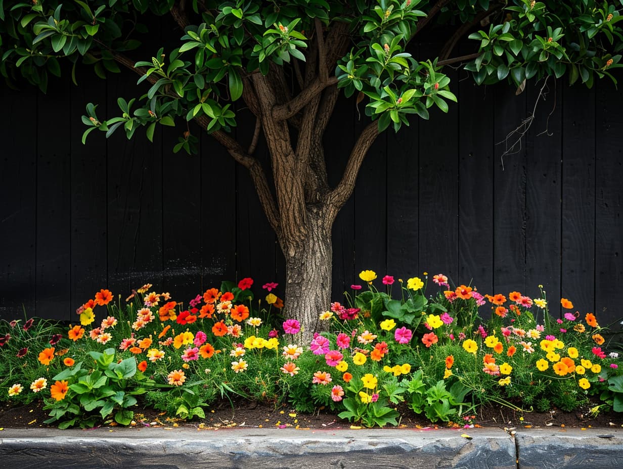 A street tree bed with colorful low-growing flowers