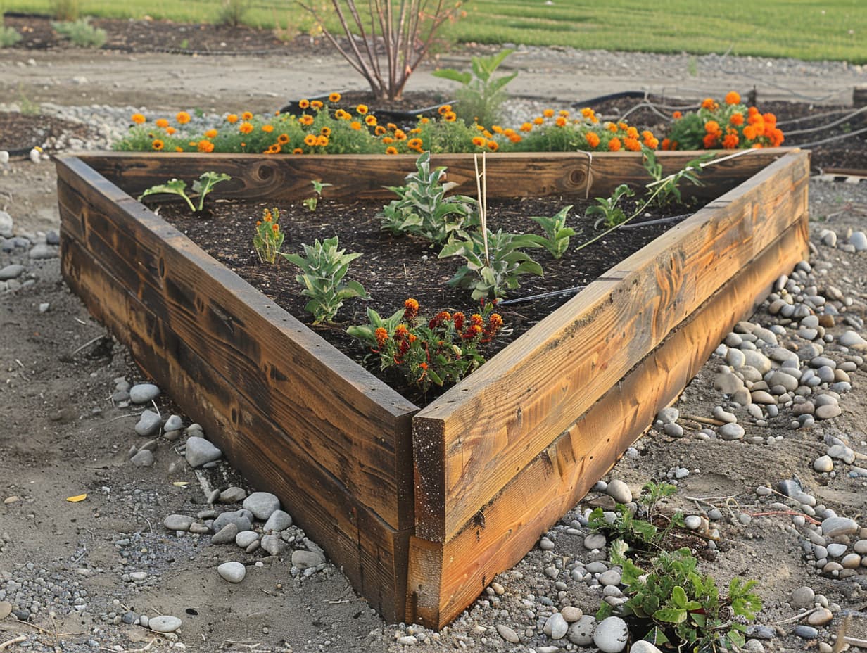 A raised garden bed in the shape of a triangle