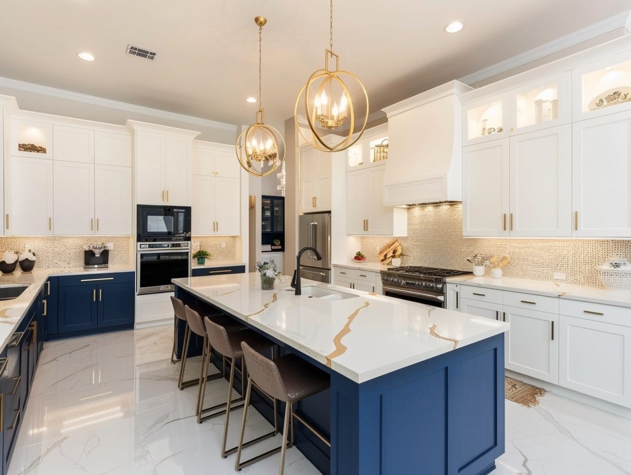A modern two-tone kitchen in blue and off-white colors