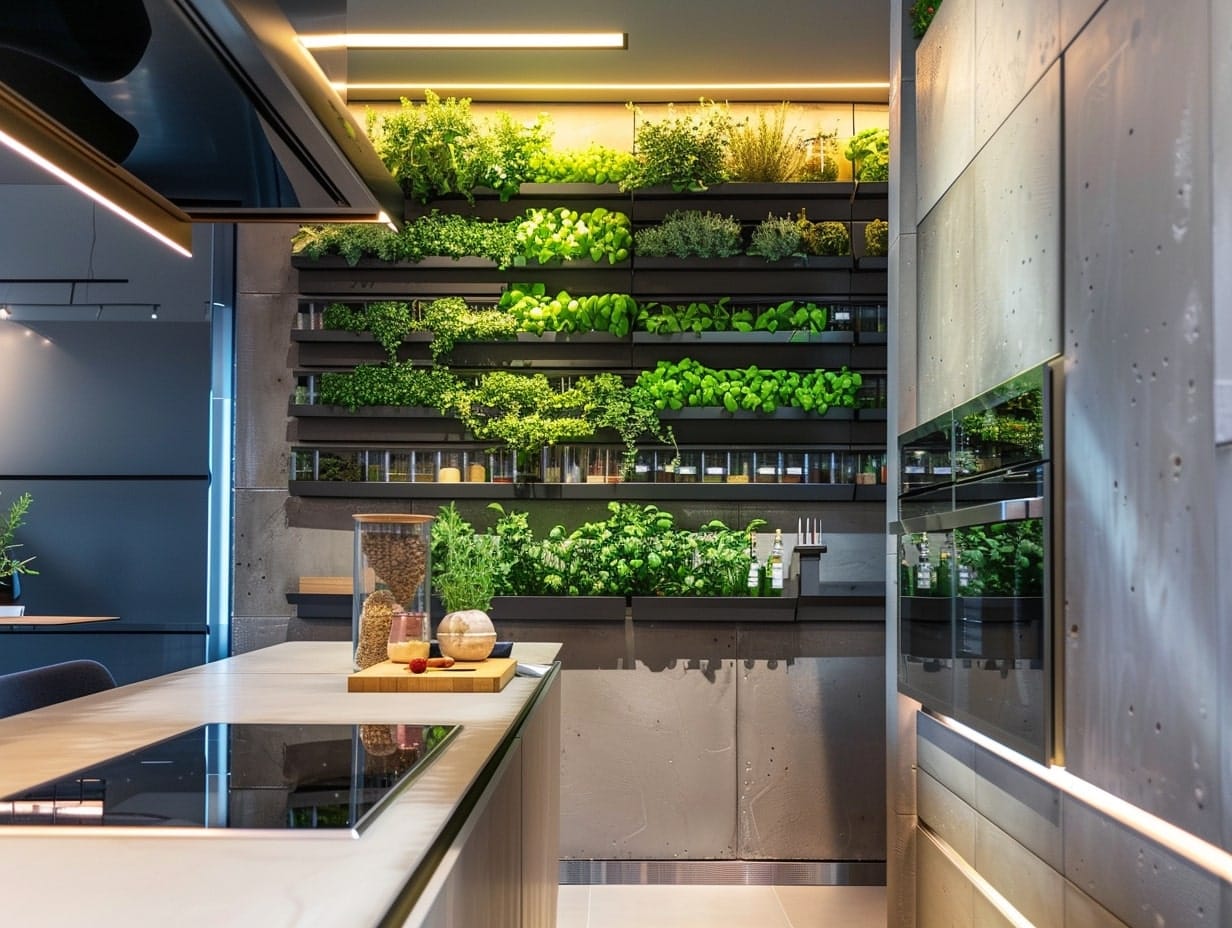 A vertical garden in a kitchen with herbs and vegetables