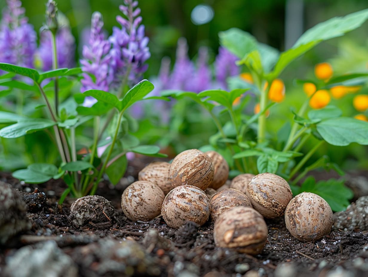 Seed bombs placed on a soil bed amid garden plants and flowers