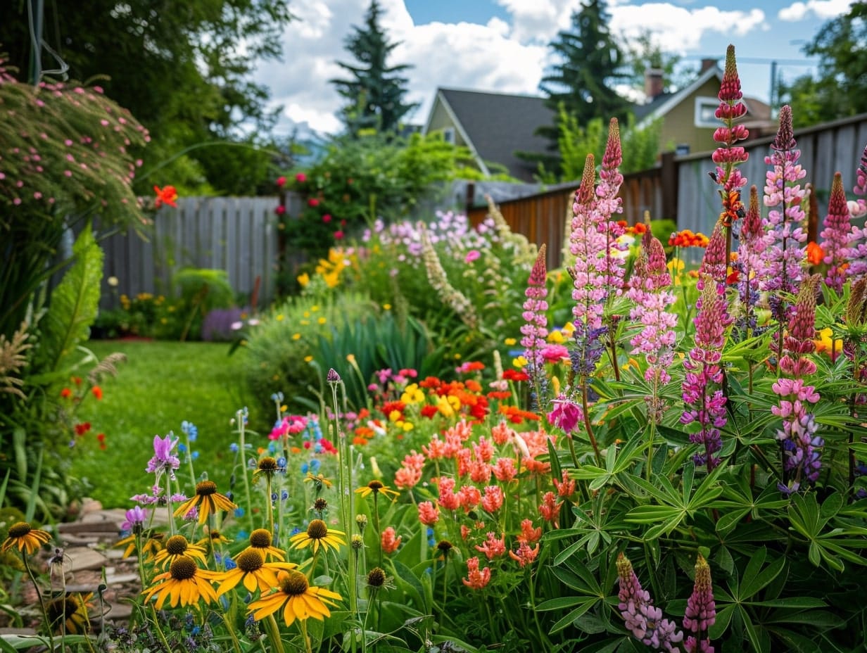 A wildflower garden in a backyard