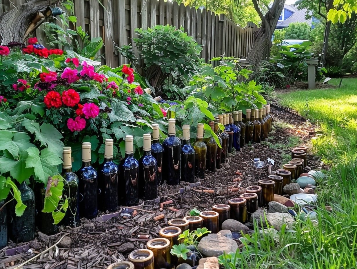 Recycled wine bottles used to create a garden border in a backyard