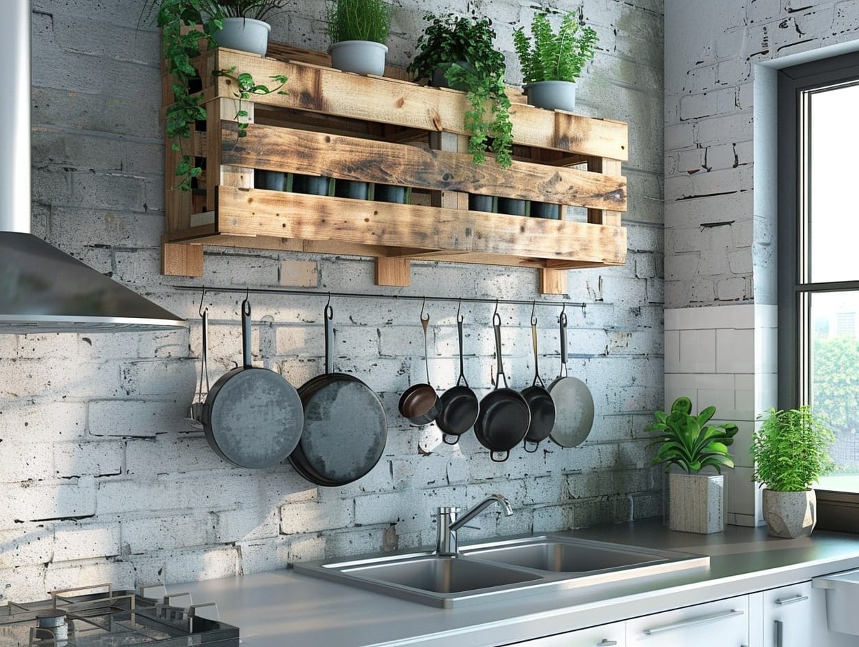 An old wooden pallet being used as a pot rack in a kitchen