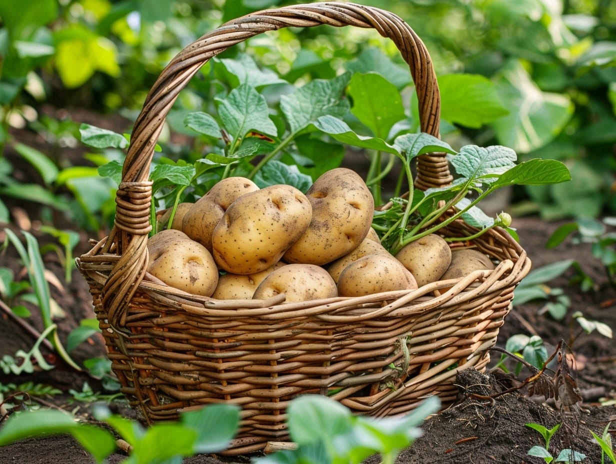 a basket full of potatoes in a garden