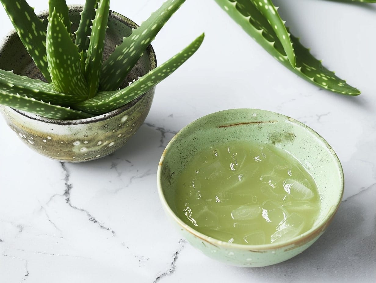 bowl of aloe vera gel next to an aloe vera plant