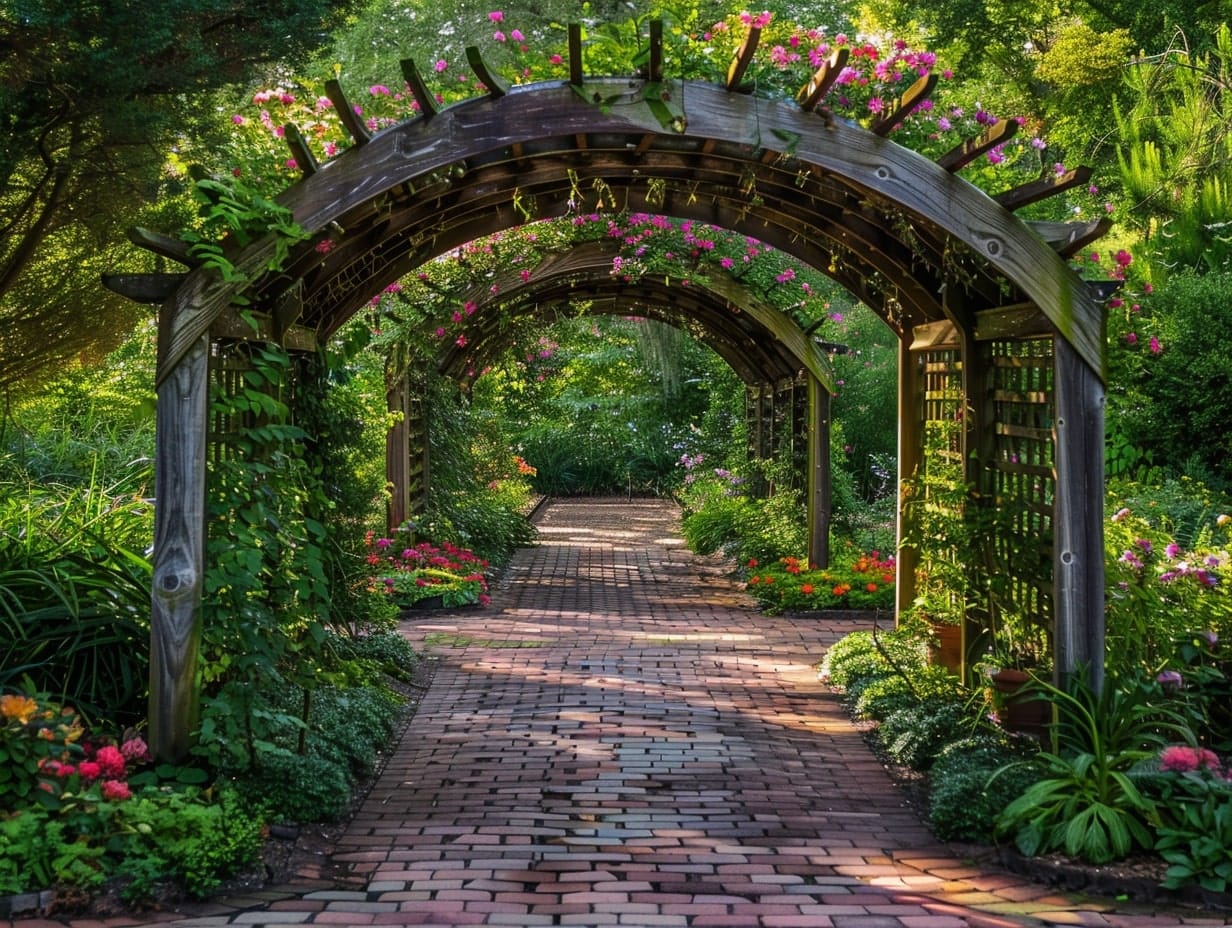 beautiful backyard with an arched trellis pathway