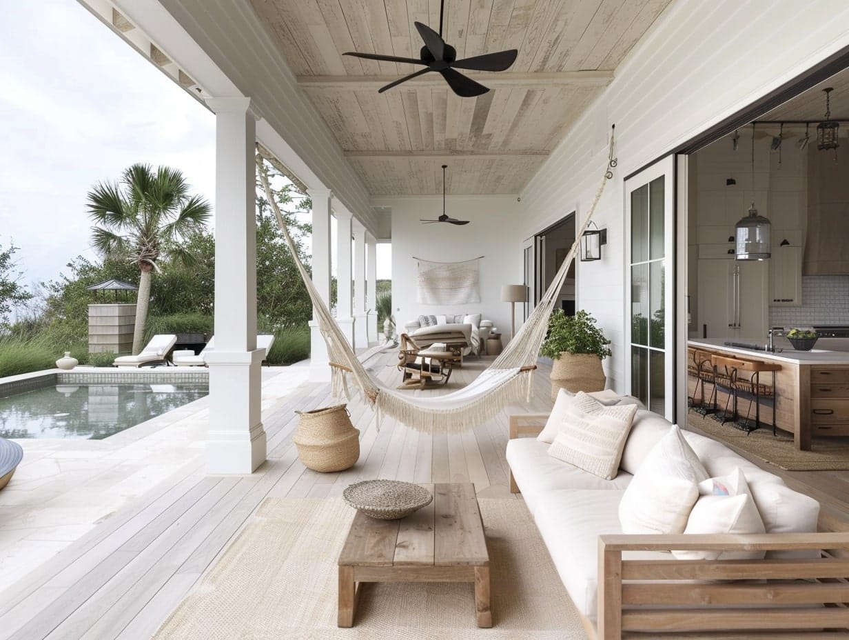 an open beach-themed patio with light colors and furniture