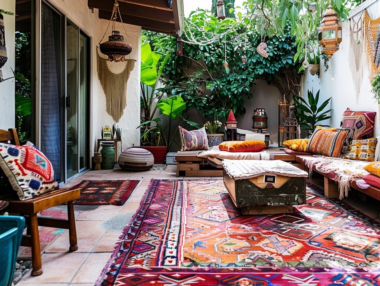 a bohemian style patio with colorful rugs and cushions and furniture