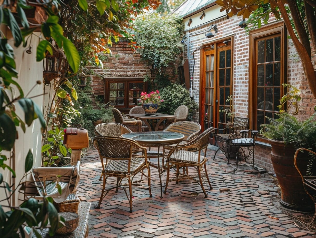 a brick patio with vintage furniture