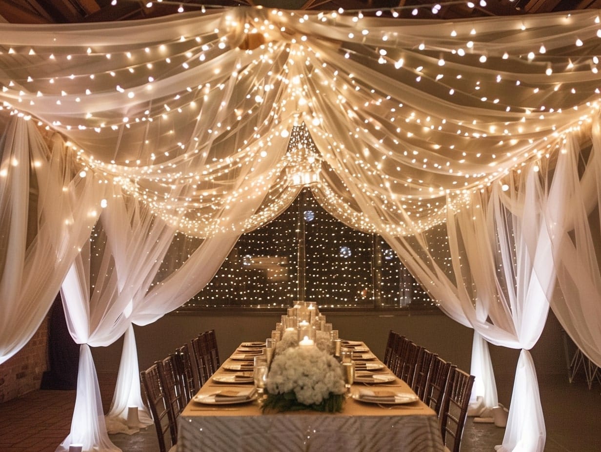 Lighted Canopy with Fabric and String Lights 