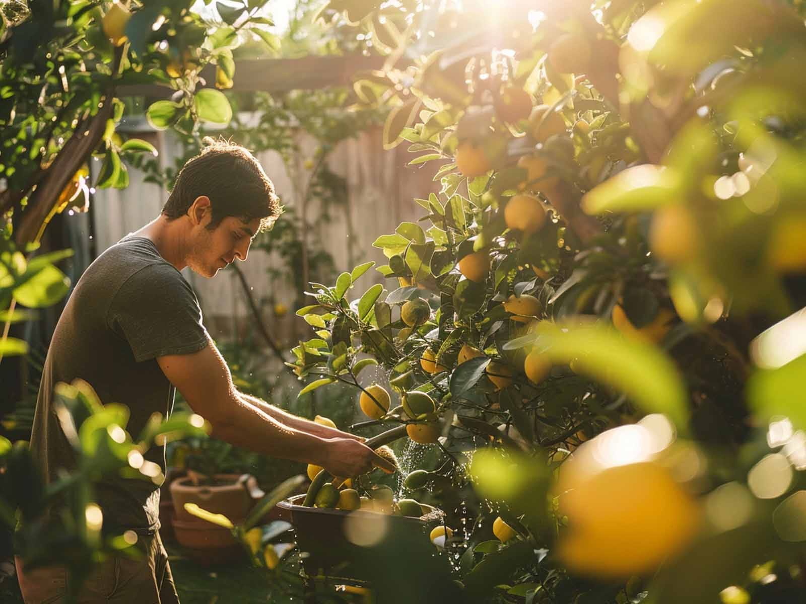 a person caring for a lemon tree