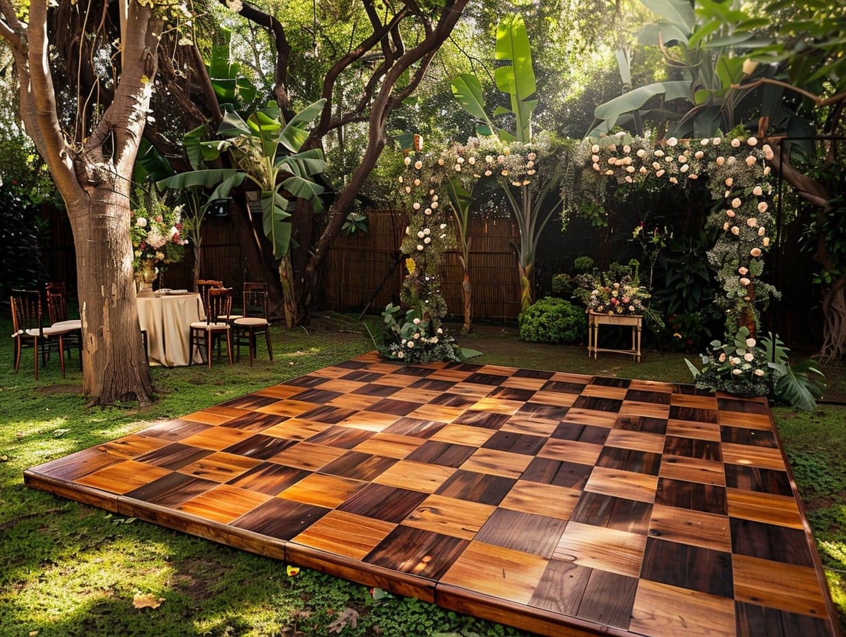 outdoor wedding checkboard dance floor