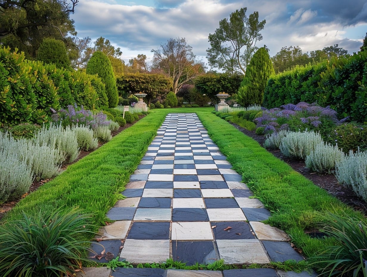 backyard garden pathway with Checkerboard Pavers and Grass