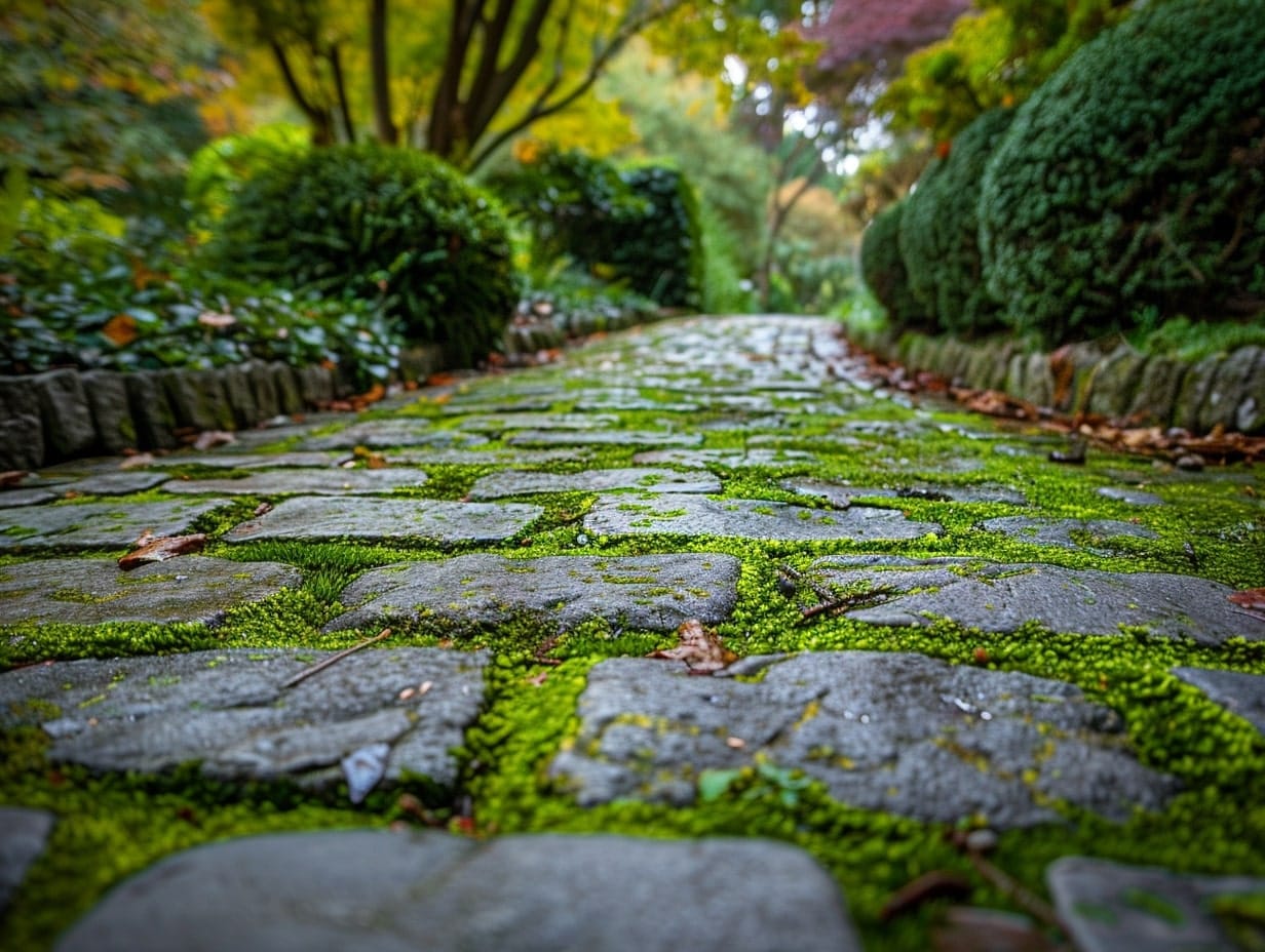 Backyard pathway with Cobblestone with Moss