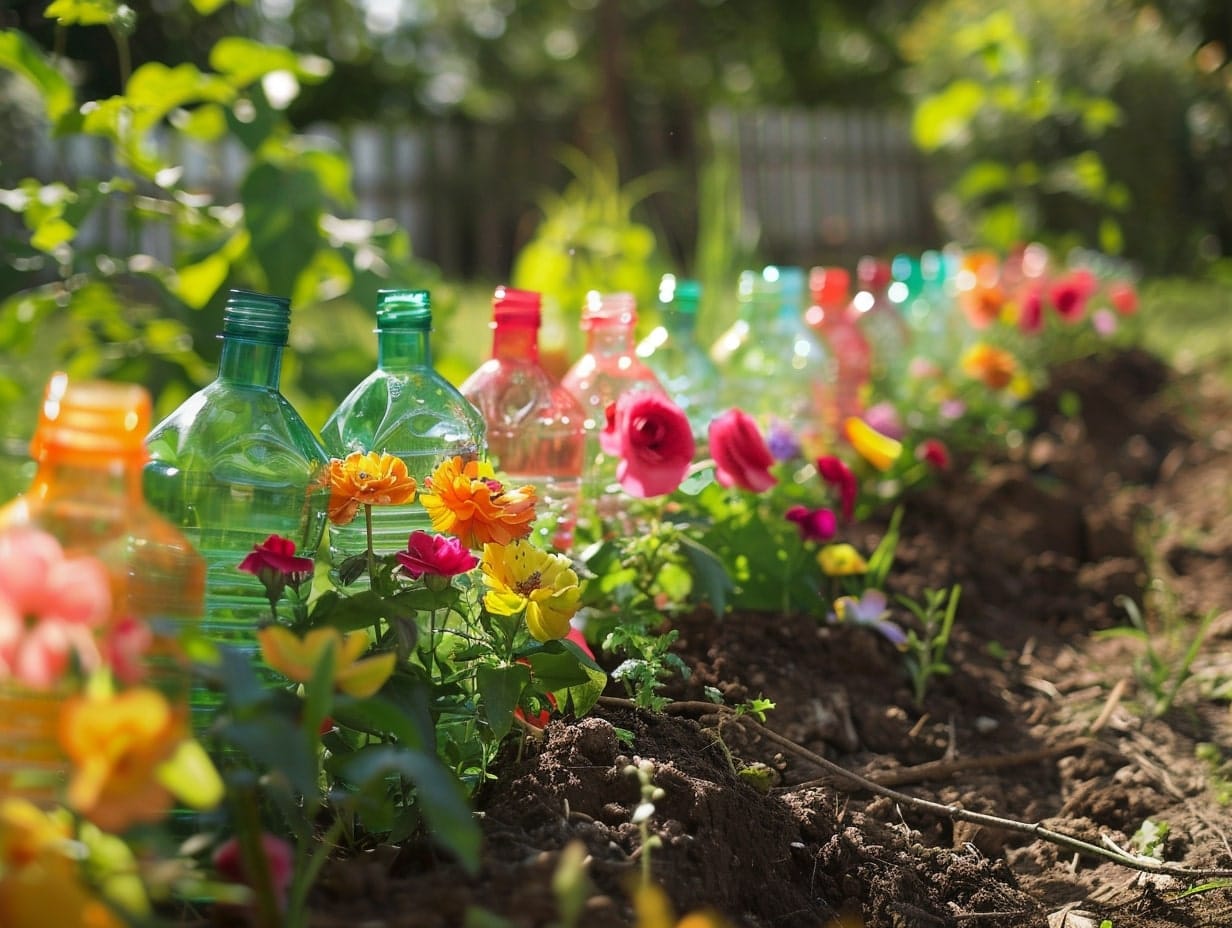 a garden border made of colorful plastic bottles