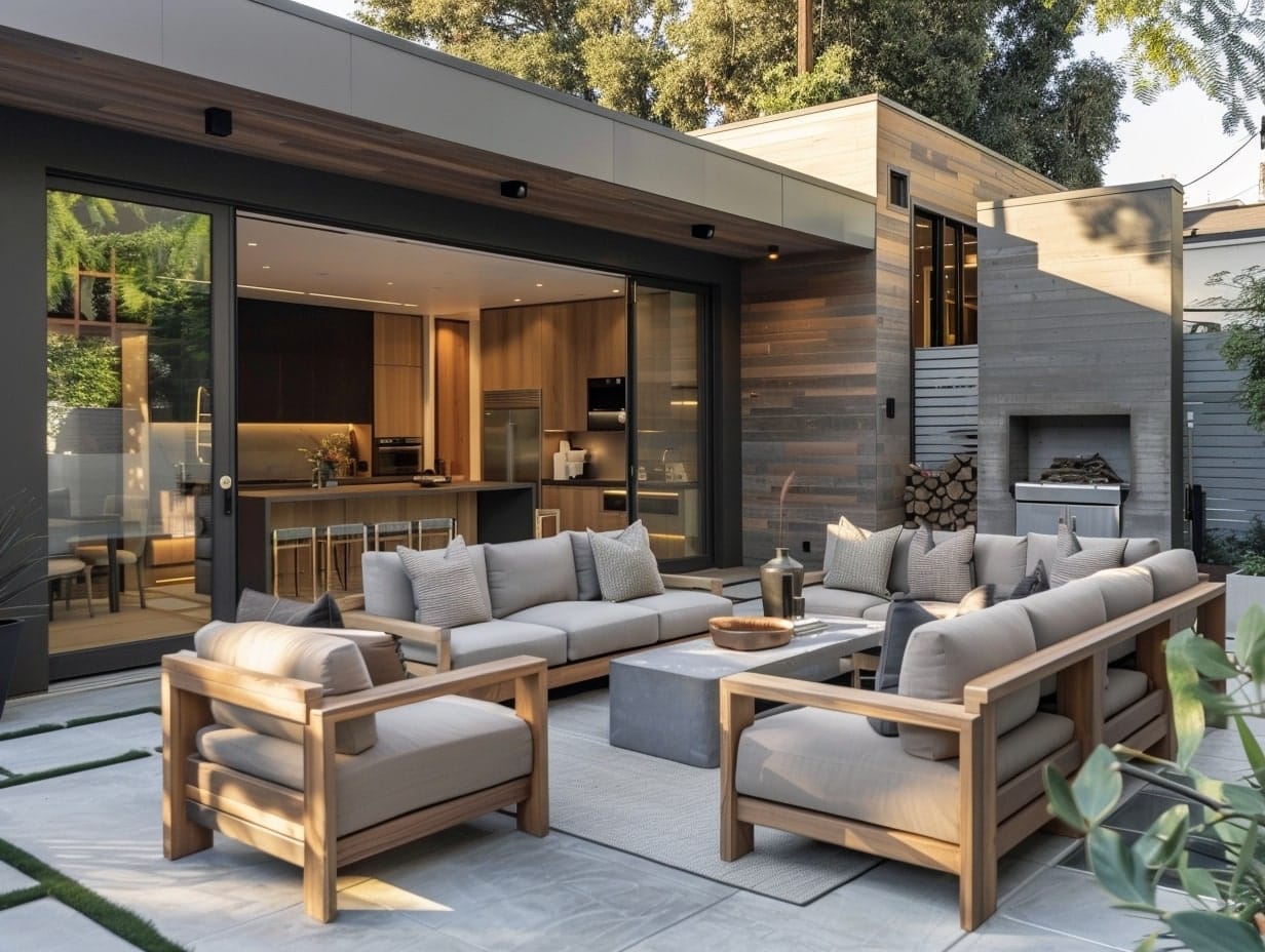 a concrete patio with modern furniture