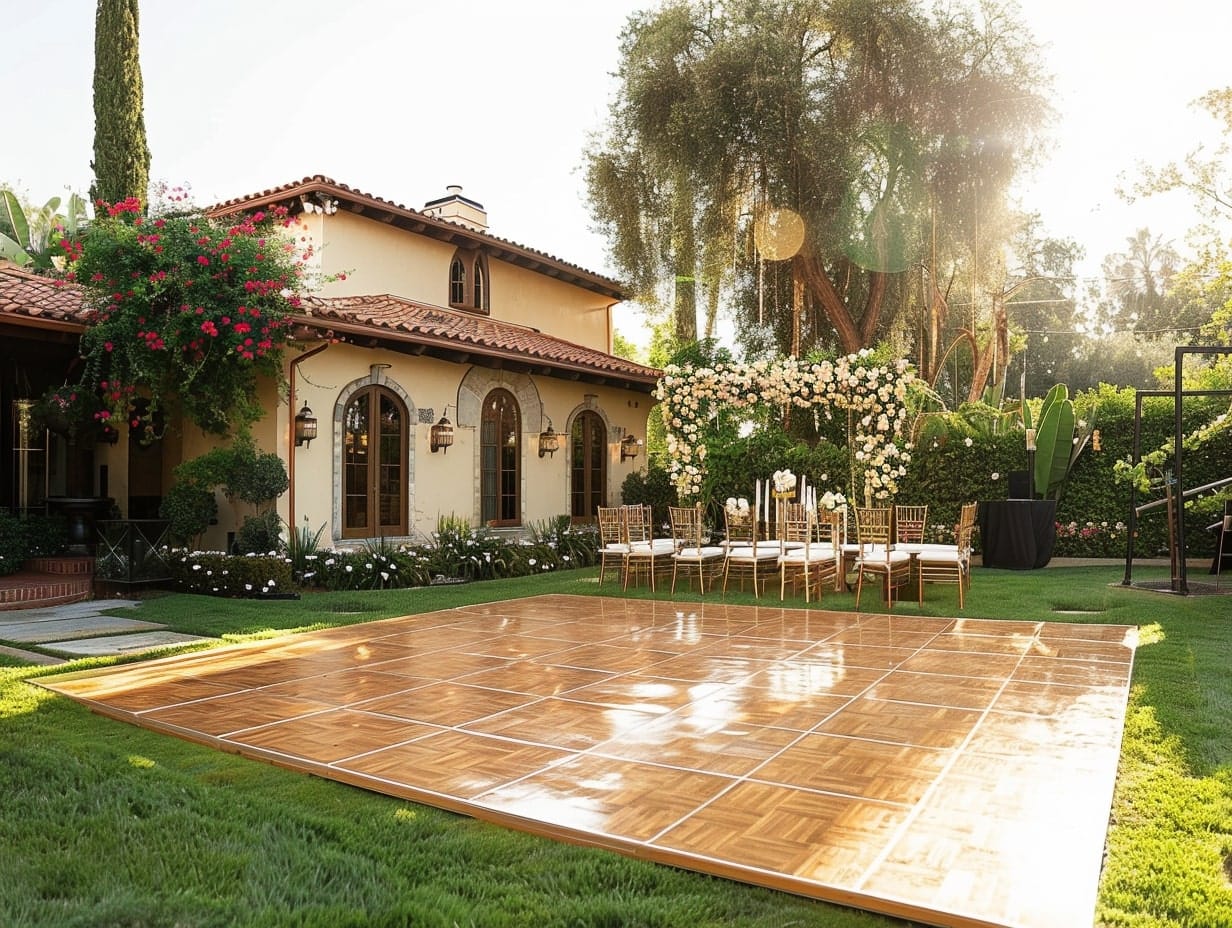 outdoor wedding dance floor laid on top of even grass