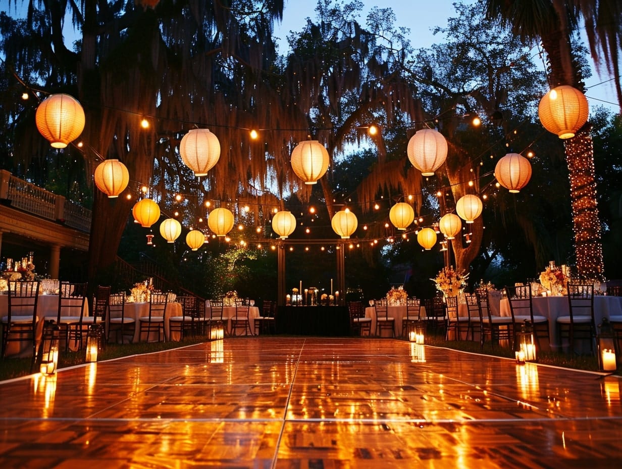 outdoor wedding dance floor surrounded with beautiful paper lanterns