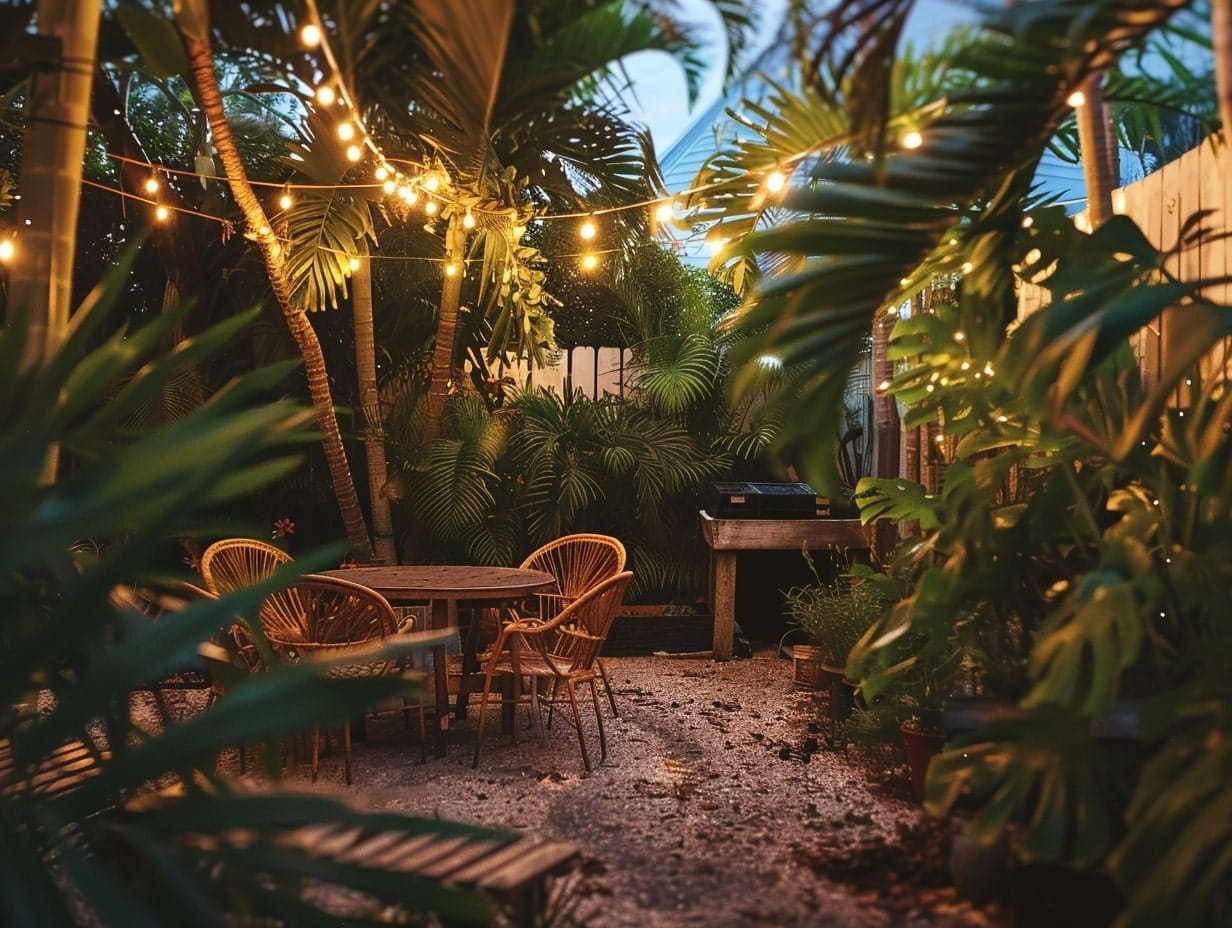 backyard garden decorated with string lights