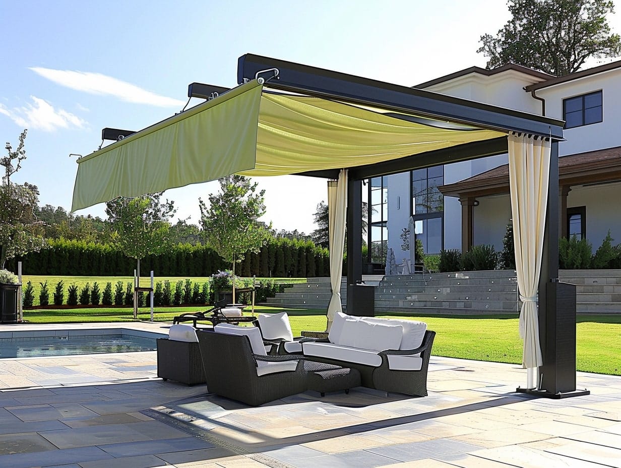 freestanding canopy in a backyard patio