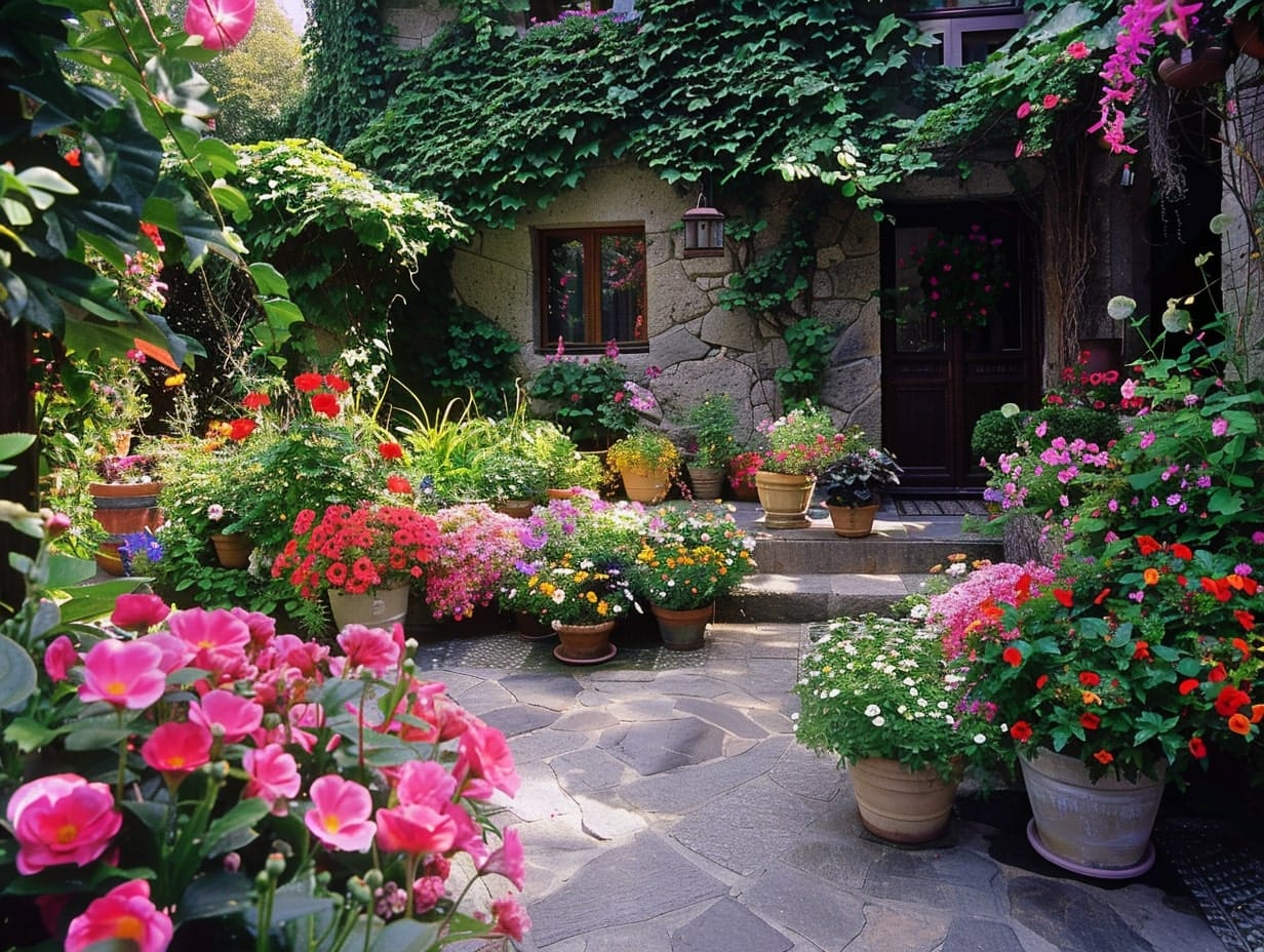 a garden patio with potted plants and flower beds