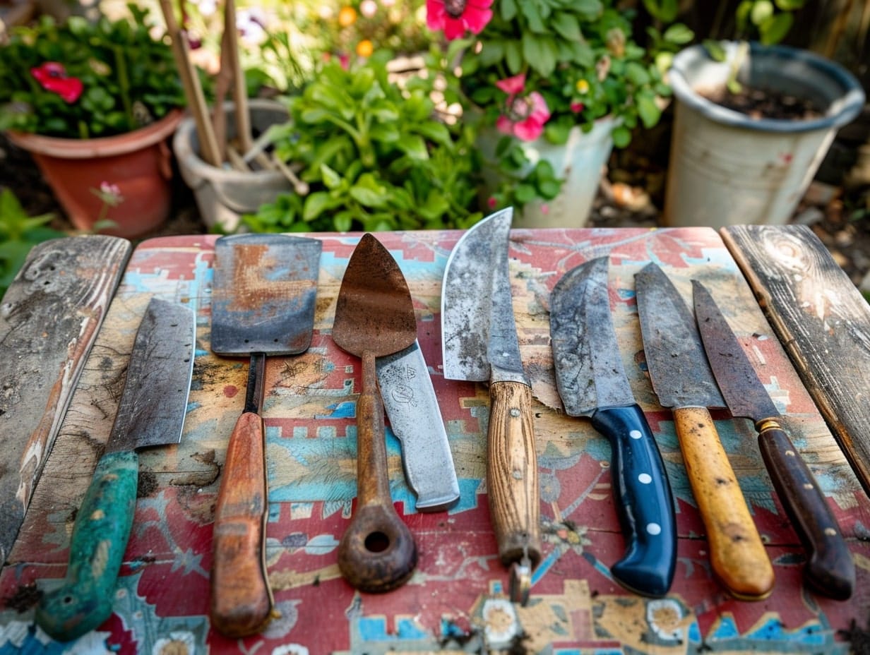 many different knifes kept on a table in a garden