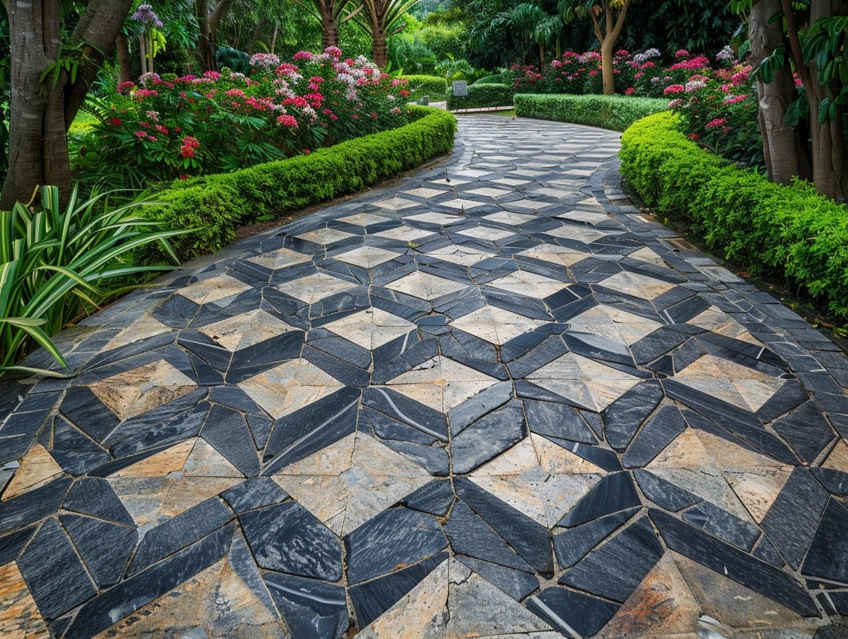 Garden pathway with Geometric Paver Patterns